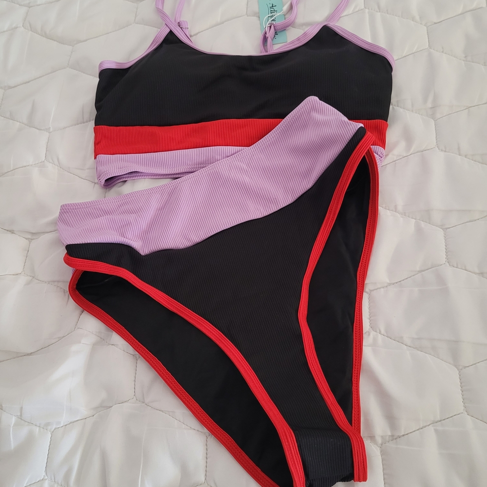 Black, Lavender & Red Two-Piece Bikini Set